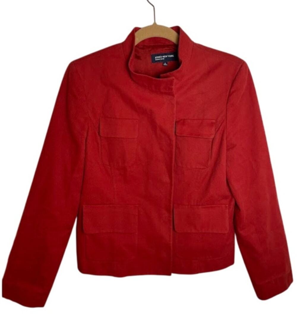 Jones New York Red Military Style Jacket High Collar Cotton Hidden Button Coat 8